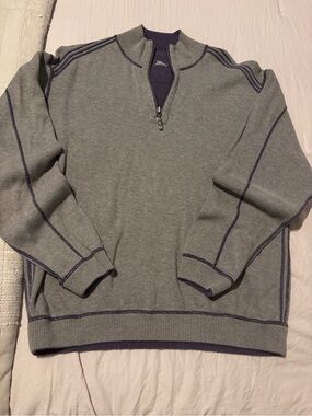 Tommy Bahama Men's Gray Quarter-Zip Sweater with Purple Trim